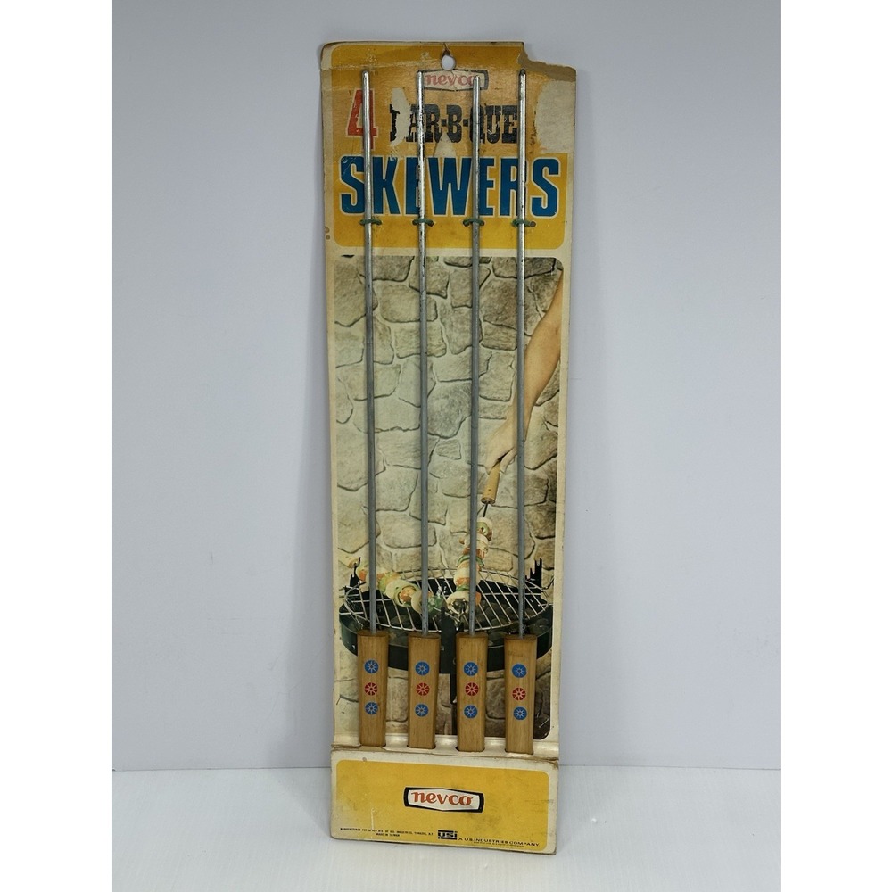 Vintage 4 Nevco Skewers BAR‎ B QUE Wooden Handles Mid Century Modern Shish Kabob